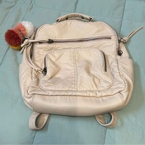 Cream Faux Leather Mini Backpack Pom Pom Charm Boho Casual Daypack Beige